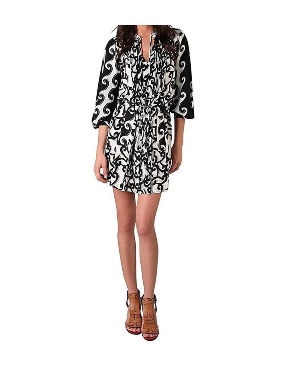 Diane Von Furstenberg Broken Waves silk dress black white abstract size 8